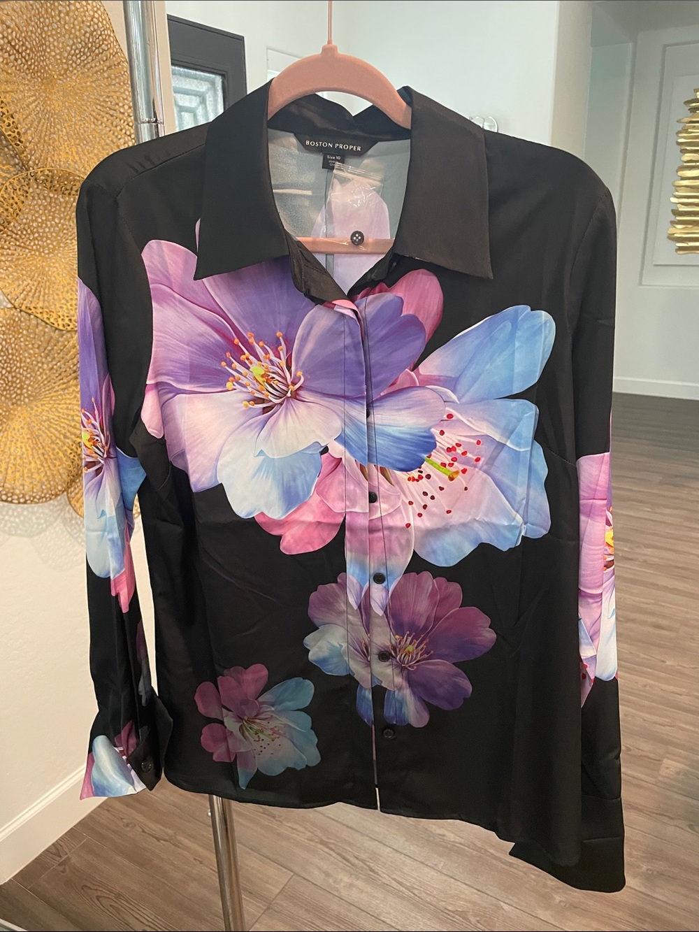 Boston Proper Black Button-Front Shirt with Pink & Blue Floral Print